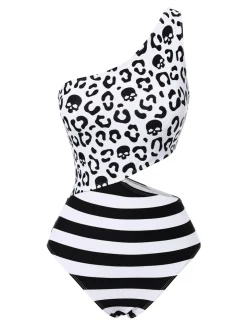 Discount Retro Stage 1980s One-Shoulder Hollow Skull Stripe Swimsuit Black