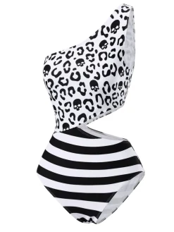Discount Retro Stage 1980s One-Shoulder Hollow Skull Stripe Swimsuit Black