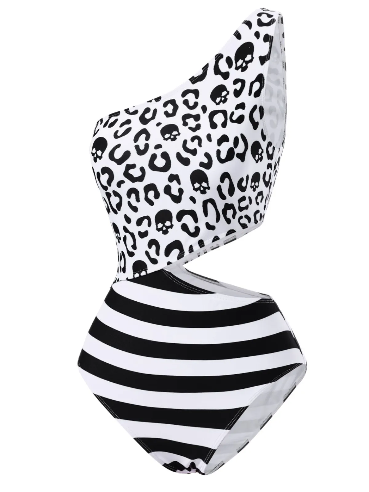 Discount Retro Stage 1980s One-Shoulder Hollow Skull Stripe Swimsuit Black
