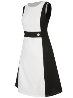 Fashion Retro Stage 1960s Patchwork Crew Neck Button Dress Black