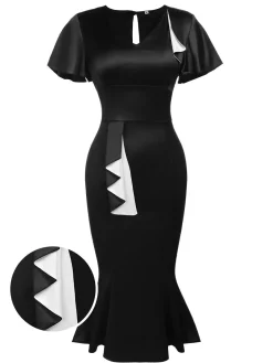 Discount Retro Stage 1960s Patchwork Fishtail Bodycon Dress Black