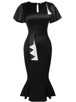 Discount Retro Stage 1960s Patchwork Fishtail Bodycon Dress Black