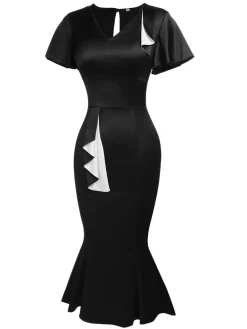 Discount Retro Stage 1960s Patchwork Fishtail Bodycon Dress Black