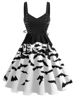 Fashion Retro Stage 1950s Patchwork Lace-up Bat Dress Black