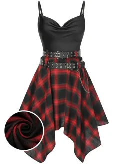 Online Retro Stage 1970s Plaid Cowl Neck Dress Black