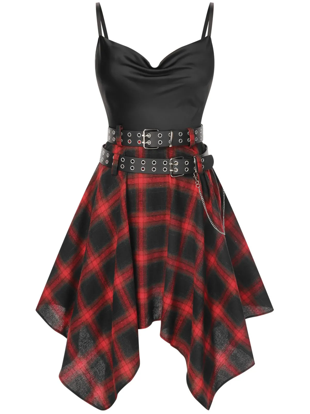 Online Retro Stage 1970s Plaid Cowl Neck Dress Black