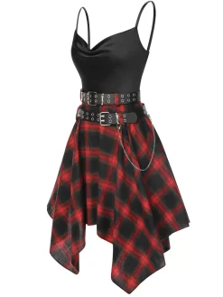 Online Retro Stage 1970s Plaid Cowl Neck Dress Black
