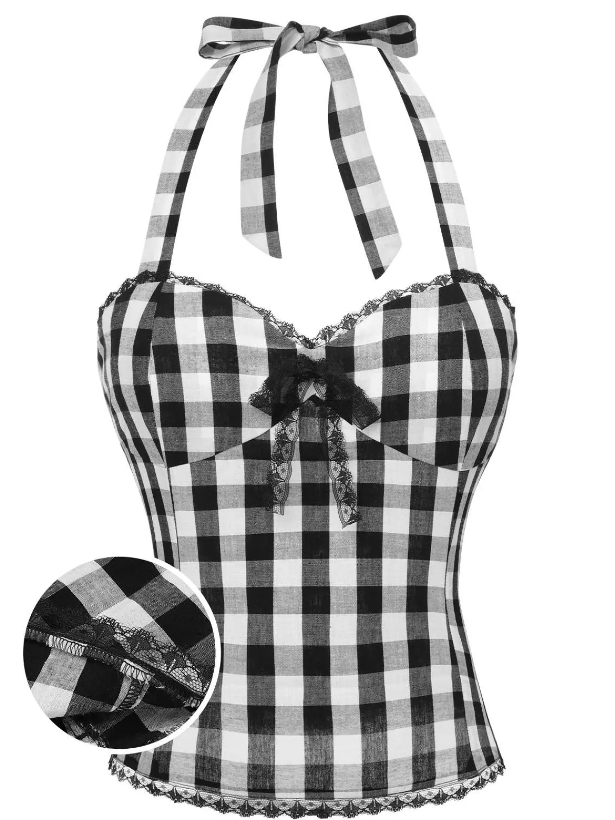 Hot Retro Stage 1950s Plaid Halter Lace Bow Top Black