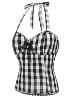 Hot Retro Stage 1950s Plaid Halter Lace Bow Top Black