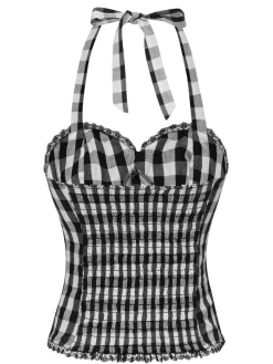 Hot Retro Stage 1950s Plaid Halter Lace Bow Top Black