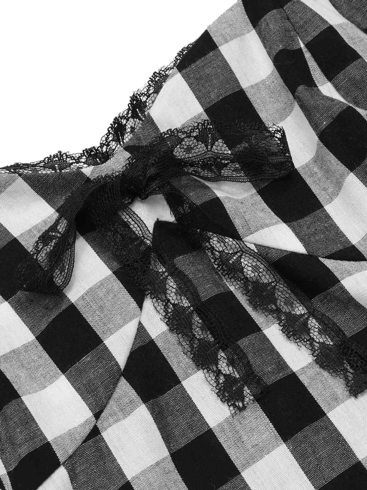 Hot Retro Stage 1950s Plaid Halter Lace Bow Top Black