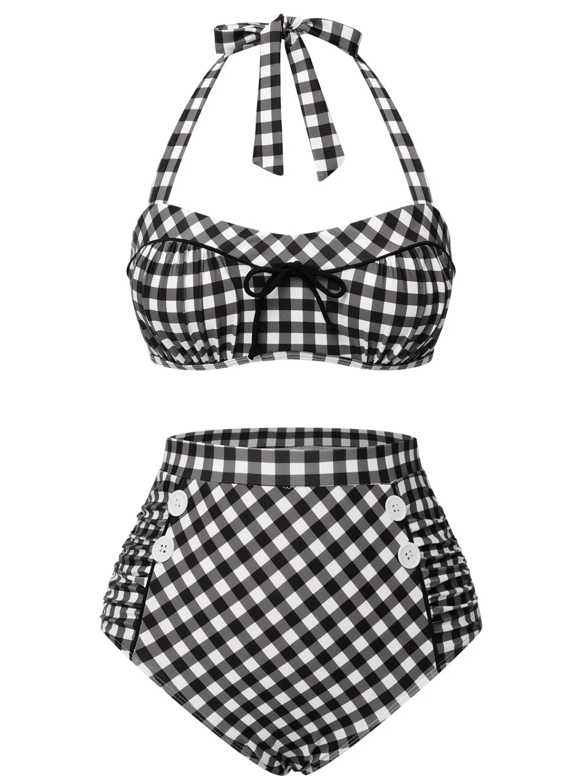 Best Retro Stage 1940s Plaid Halter Swimsuit Black