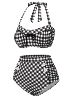 Best Retro Stage 1940s Plaid Halter Swimsuit Black