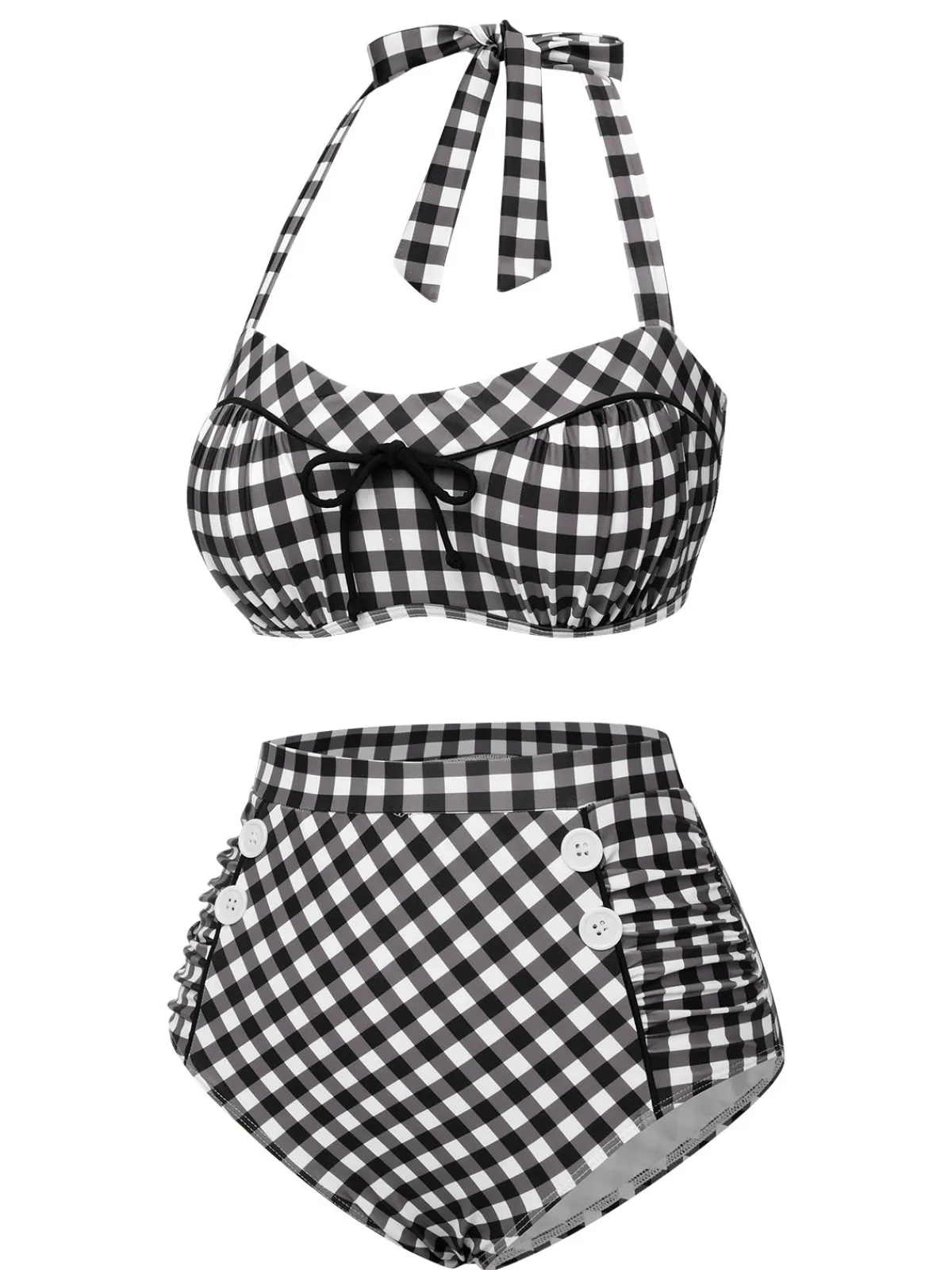Best Retro Stage 1940s Plaid Halter Swimsuit Black