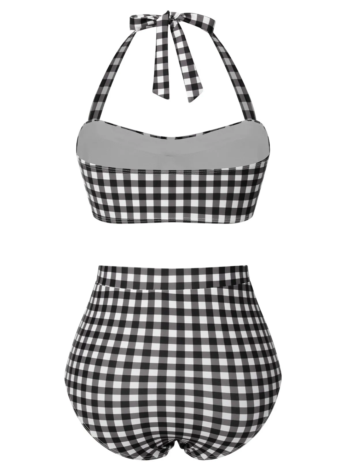 Best Retro Stage 1940s Plaid Halter Swimsuit Black