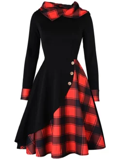 Online Retro Stage Black 1950s Plaid Hooded Button Dress