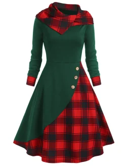 Online Retro Stage Black 1950s Plaid Hooded Button Dress