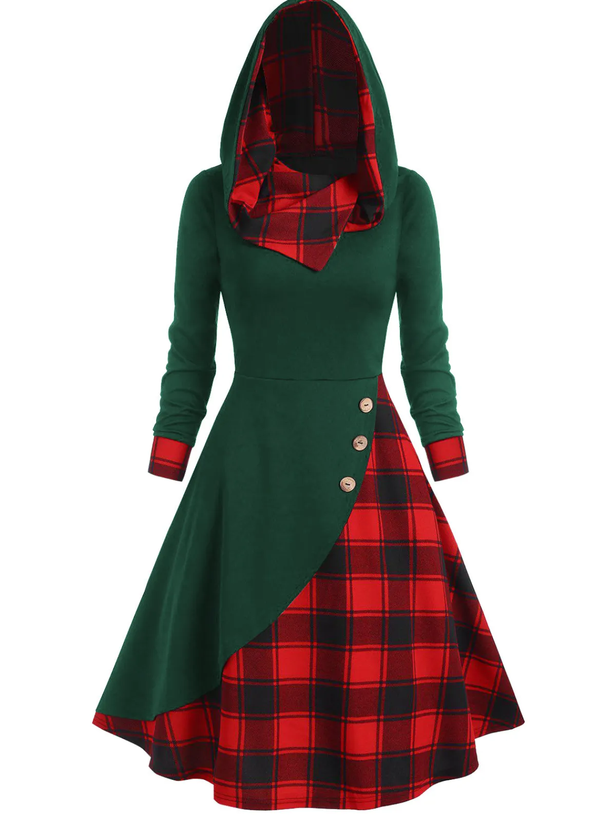 Online Retro Stage Black 1950s Plaid Hooded Button Dress