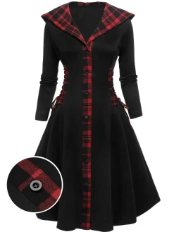 Discount Retro Stage 1950s Plaid Hooded Swing Dress Black