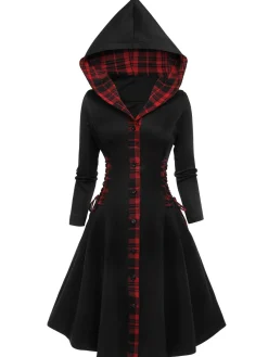 Discount Retro Stage 1950s Plaid Hooded Swing Dress Black
