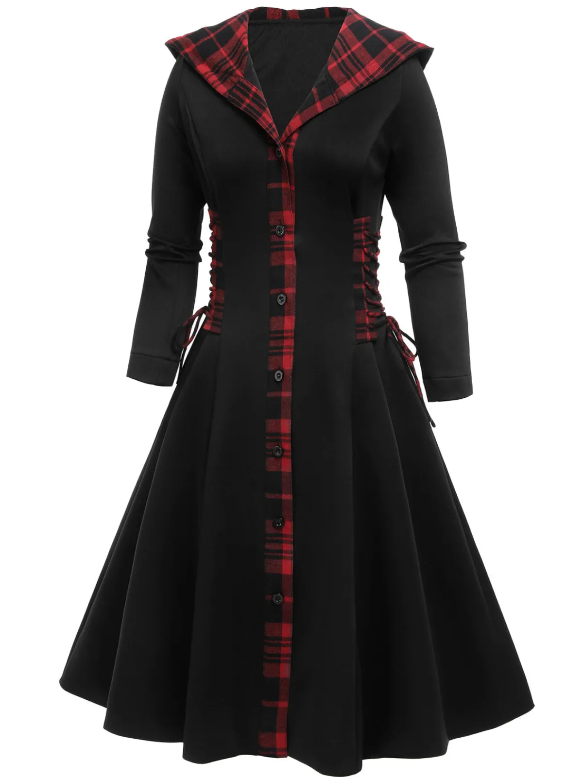 Discount Retro Stage 1950s Plaid Hooded Swing Dress Black