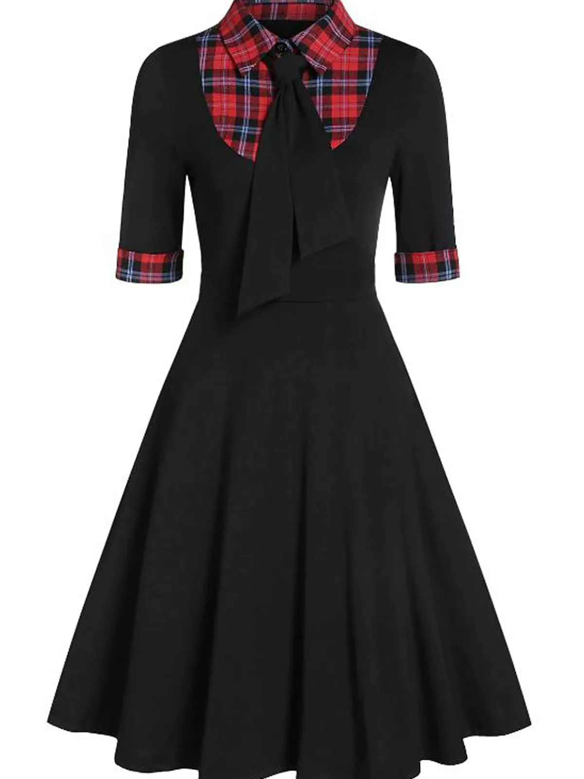 Outlet Retro Stage 1950s Plaid Patchwork Dress Black