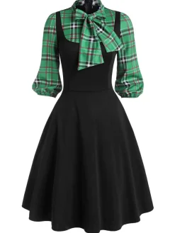 Outlet Retro Stage 1950s Plaid Patchwork Swing Dress Black