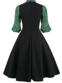 Outlet Retro Stage 1950s Plaid Patchwork Swing Dress Black