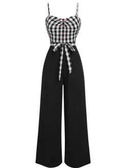 Fashion Retro Stage 1940s Plaid Patchwork Suspender Jumpsuit Black