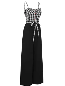 Fashion Retro Stage 1940s Plaid Patchwork Suspender Jumpsuit Black