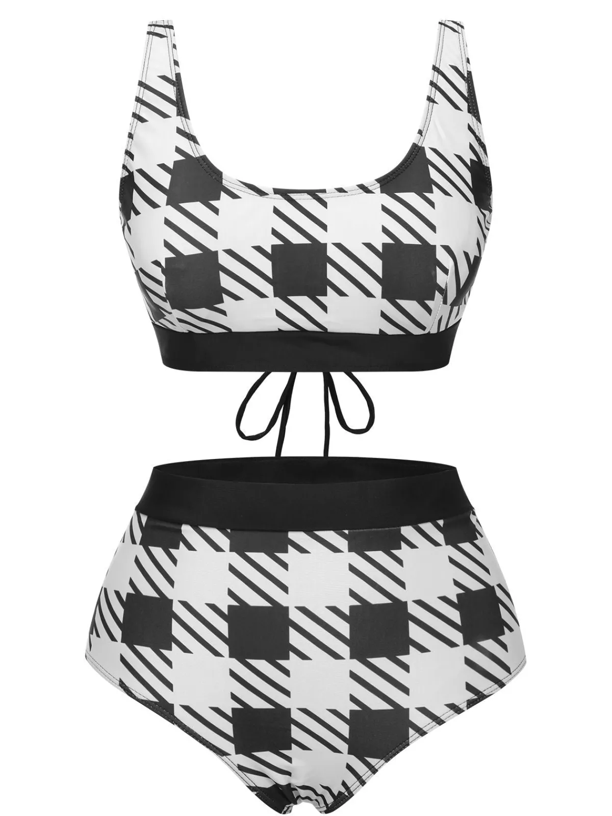 Online Retro Stage 1950s Plaid Wide Strap Swimsuit Black