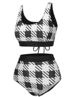 Online Retro Stage 1950s Plaid Wide Strap Swimsuit Black