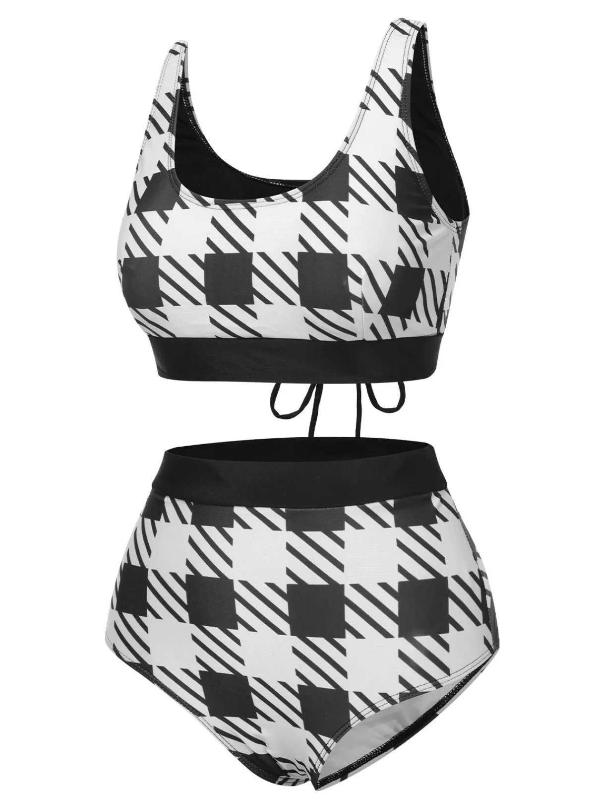 Online Retro Stage 1950s Plaid Wide Strap Swimsuit Black