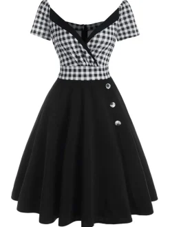 Sale Retro Stage 1950s Plaids Button Swing Dress Black