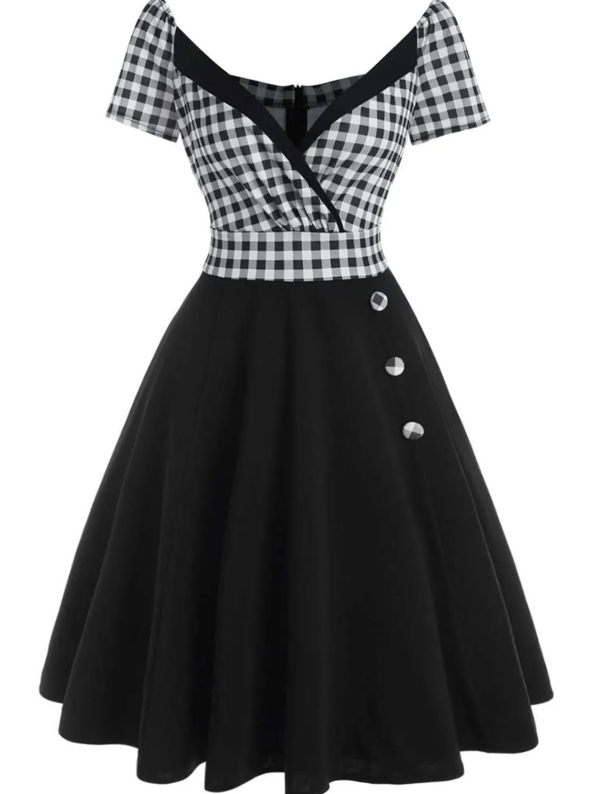 Sale Retro Stage 1950s Plaids Button Swing Dress Black