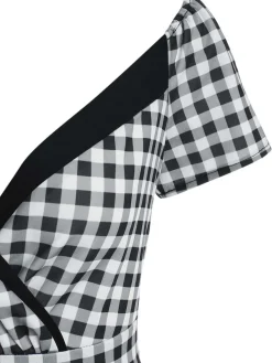 Sale Retro Stage 1950s Plaids Button Swing Dress Black