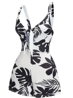 Clearance Retro Stage 1950s Plants Print Hollow Romper Black
