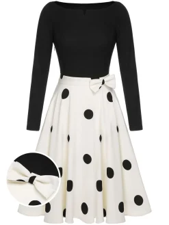 New Retro Stage 1950s Polka Dot Bow Patchwork Knitted Dress Black