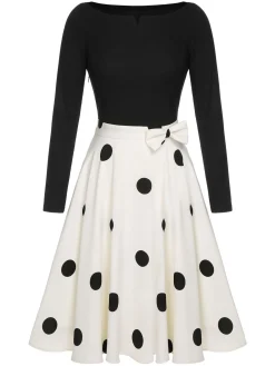 New Retro Stage 1950s Polka Dot Bow Patchwork Knitted Dress Black