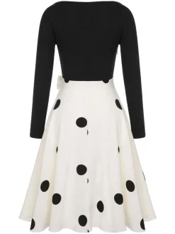 New Retro Stage 1950s Polka Dot Bow Patchwork Knitted Dress Black