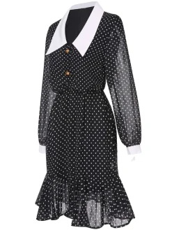 Best Retro Stage 1940s Polka Dot Contrast Collar Dress Black
