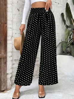 Hot Retro Stage 1950s Polka Dot Elastic Waist Pants Black