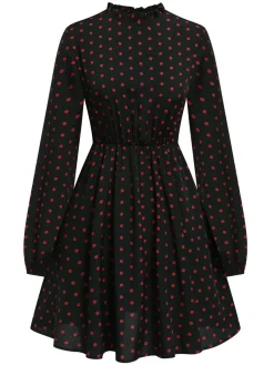 Clearance Retro Stage 1950s Polka Dot Long Sleeves Dress Black