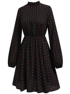 Clearance Retro Stage 1950s Polka Dot Long Sleeves Dress Black
