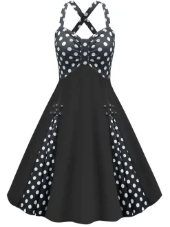 Best Retro Stage 1950s Polka Dot Patchwork Dress Black