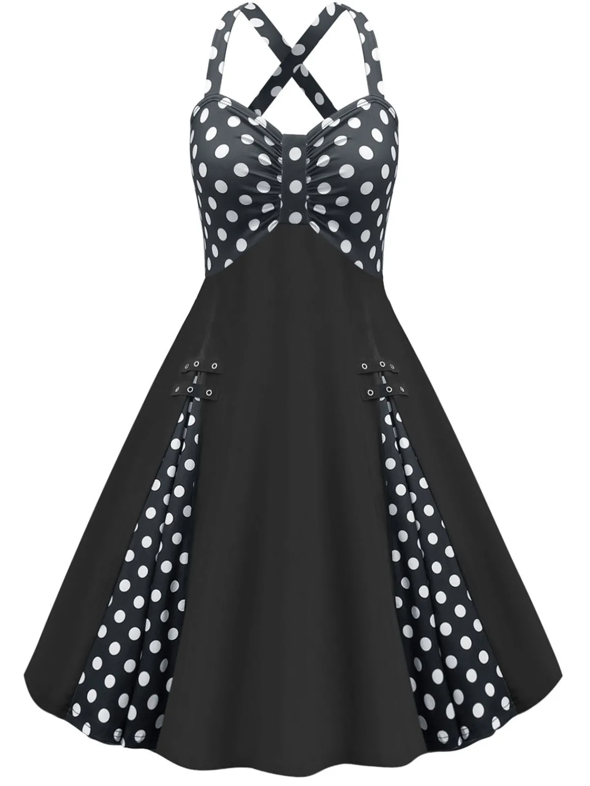 Best Retro Stage 1950s Polka Dot Patchwork Dress Black