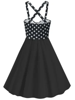 Best Retro Stage 1950s Polka Dot Patchwork Dress Black