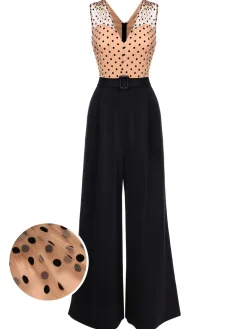 Hot Retro Stage 1930s Polka Dot Patchwork Belt Jumpsuit Black