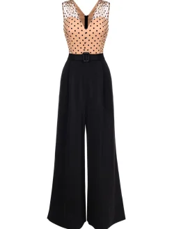Hot Retro Stage 1930s Polka Dot Patchwork Belt Jumpsuit Black