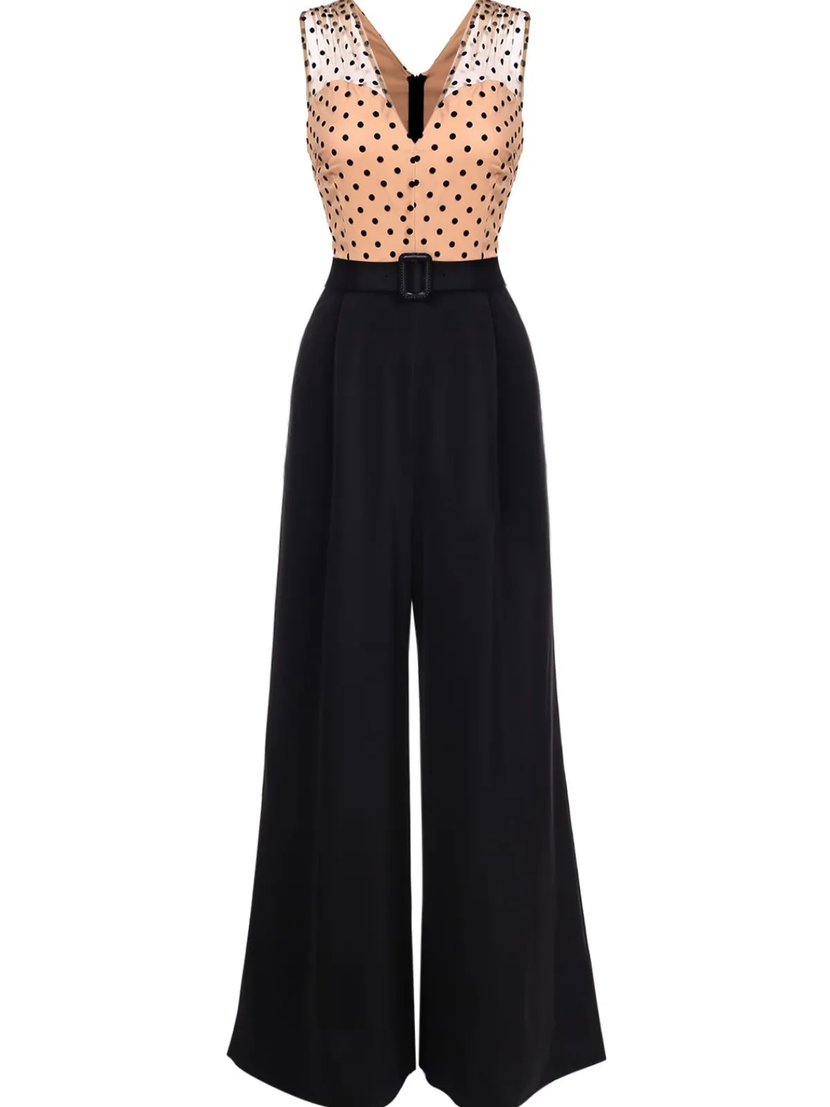 Hot Retro Stage 1930s Polka Dot Patchwork Belt Jumpsuit Black